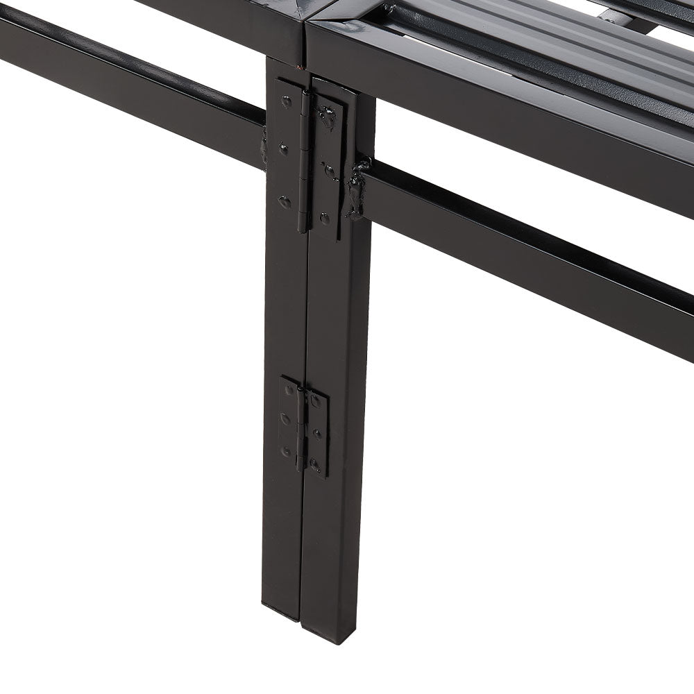 Garden Sanctuary metal folding bed frame with secure buckle design, showing sturdy construction and compact folded position.