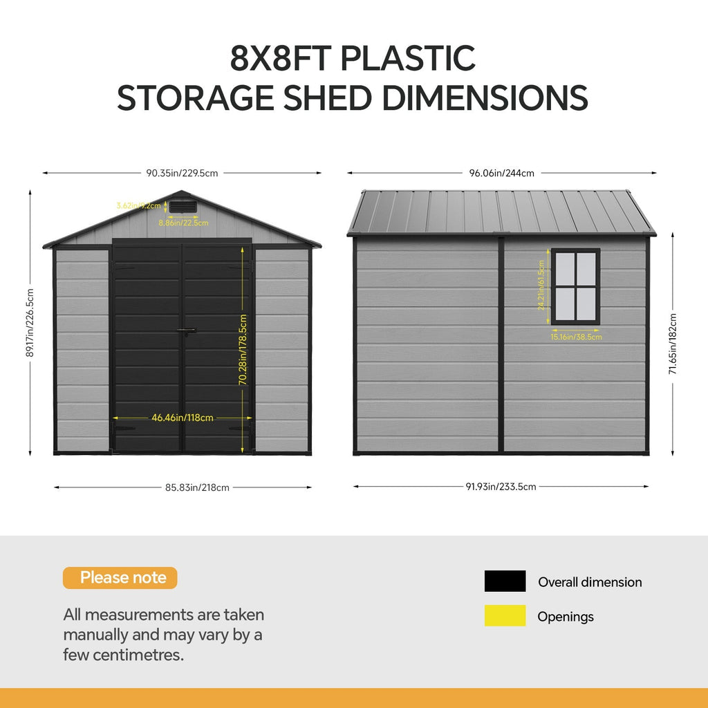 8 x 8 ft Plastic Garden Storage Shed with Apex Roof & Lockable Double Doors