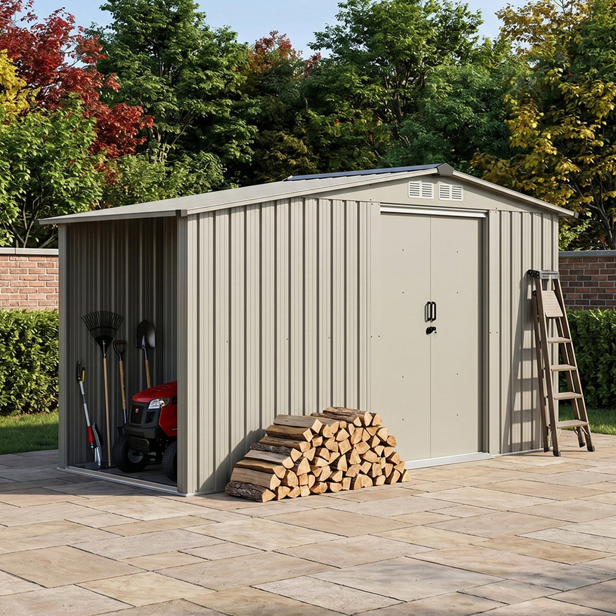 8 x 4 ft Metal Garden Storage Shed with Integrated Log Store & Apex Roof