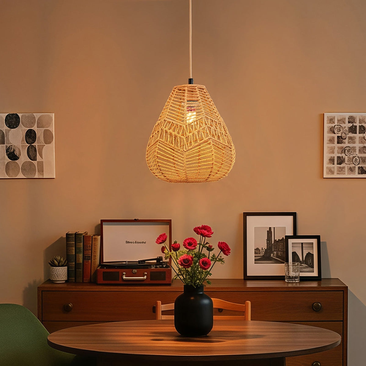 E27 rattan-woven ceiling pendant light by Garden Sanctuary with a warm, natural woven rattan shade hanging from the ceiling.