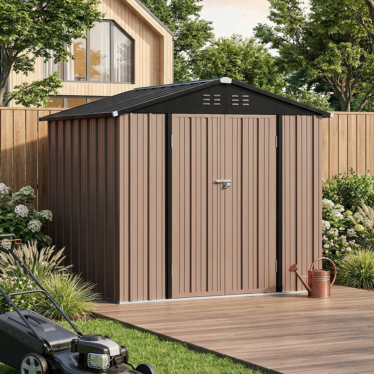 8 x 6 ft Metal Garden Storage Shed with Apex Roof & Lockable Double Doors