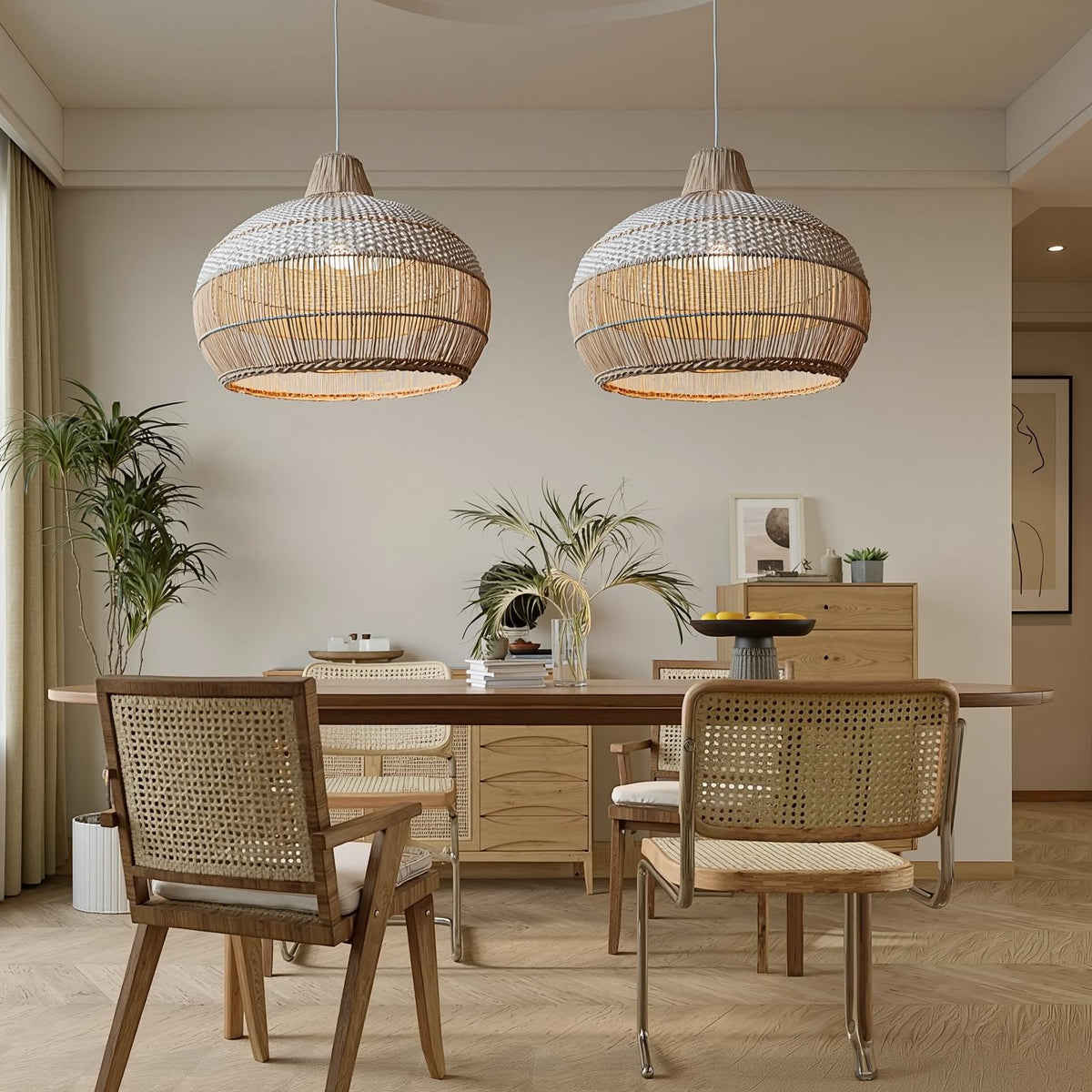 Handwoven rattan pendant light by DEMOLIGHTS, boho-style ceiling lamp for kitchen island with natural woven design.