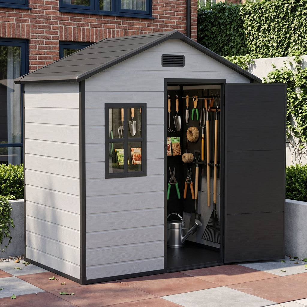 6 x 4 ft Plastic Garden Storage Shed with Apex Roof & Lockable Door