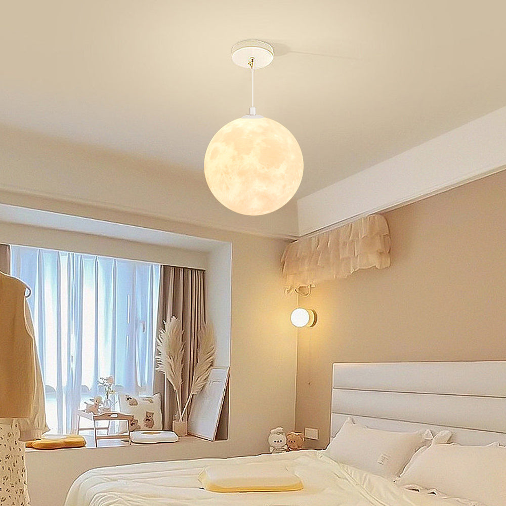 3D printed moon pendant light by DEMOLIGHTS hanging from ceiling, eco-friendly lunar globe chandelier for bedroom decor.