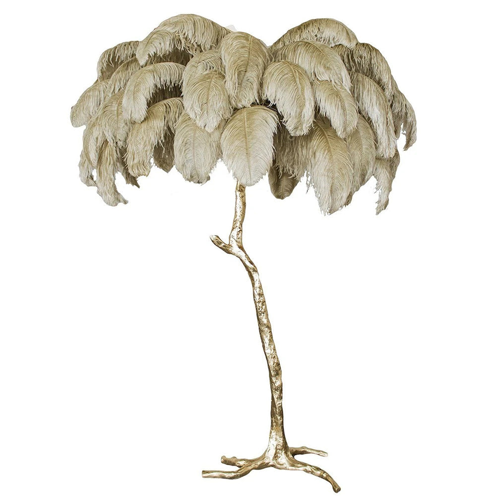 Luxury ostrich feather brass floor lamp by DEMOLIGHTS featuring a tall stand and a feathered lampshade for elegant lighting.