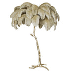 Luxury ostrich feather brass floor lamp by DEMOLIGHTS featuring a tall stand and a feathered lampshade for elegant lighting.