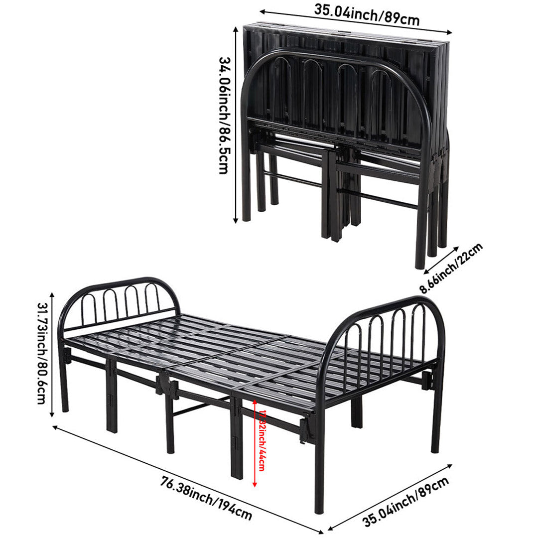 Garden Sanctuary metal folding bed frame with secure buckle design, showcasing sturdy metal construction and foldable mechanism.