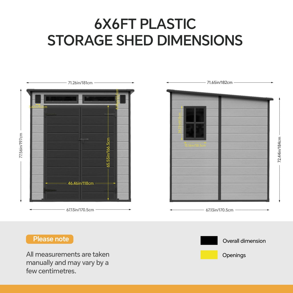 6 x 6 ft Plastic Garden Storage Shed with Pent Roof & Padlockable Doors