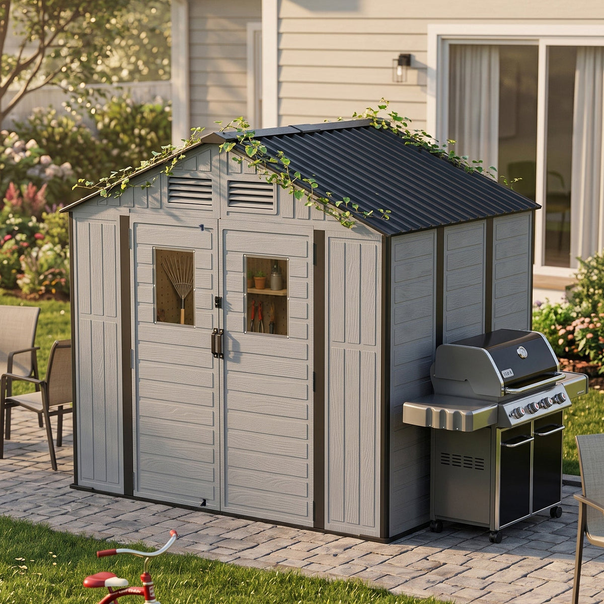 8 x 6 ft Plastic Garden Storage Shed with Apex Roof & Double Doors