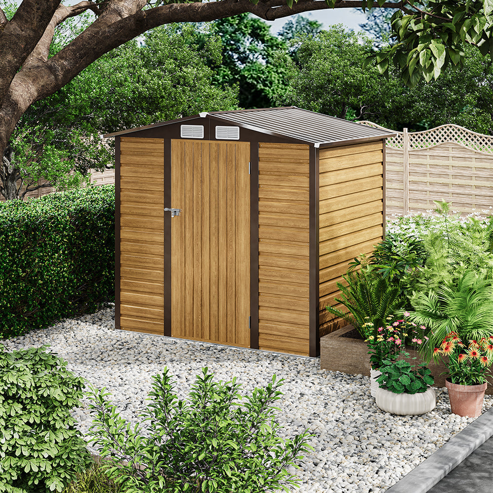 6 x 4 ft Wood Effect Galvanised Steel Garden Storage Shed with Apex Roof