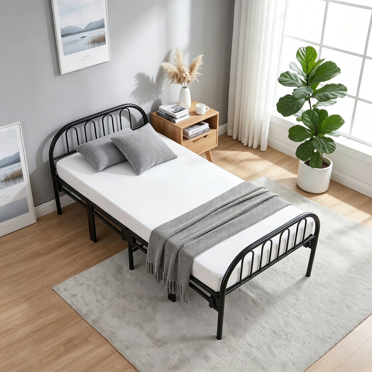 Garden Sanctuary metal folding bed frame with secure buckle design, showcasing sturdy construction and foldable metal bed support.