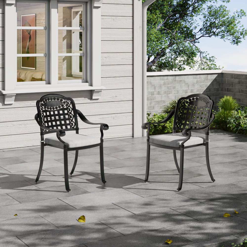 Set of 2 Outdoor Dining Chairs Cast Aluminum with Cushions