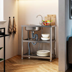 Stainless Steel One Compartment Sink with Shelves and Drainboard