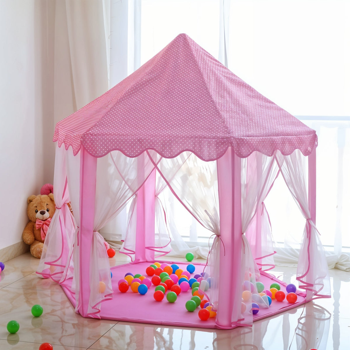 Large hexagonal fairy play house indoor tent for kids by Garden Sanctuary, featuring colorful fairy-themed design and spacious interior.