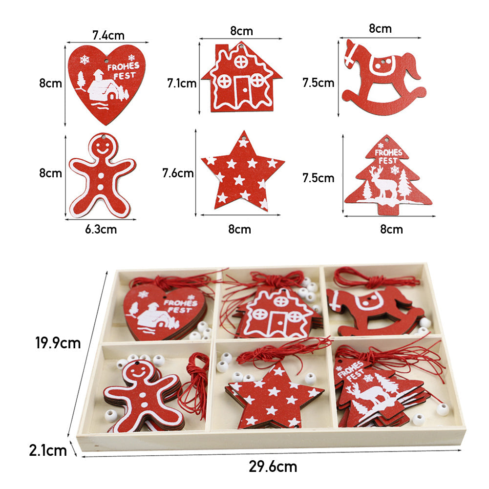Set of Christmas wooden hanging ornaments featuring festive designs, perfect for decorating Christmas trees from Garden Sanctuary.