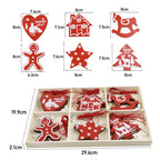 Set of Christmas wooden hanging ornaments featuring festive designs, perfect for decorating Christmas trees from Garden Sanctuary.