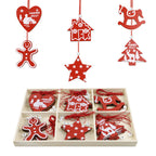 Set of Christmas wooden hanging ornaments featuring festive designs from Garden Sanctuary for holiday decoration.