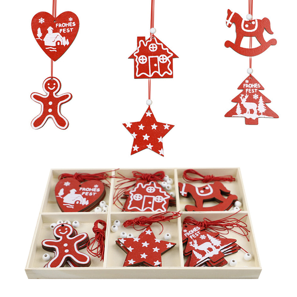 Set of Christmas wooden hanging ornaments featuring festive designs from Garden Sanctuary for holiday decoration.