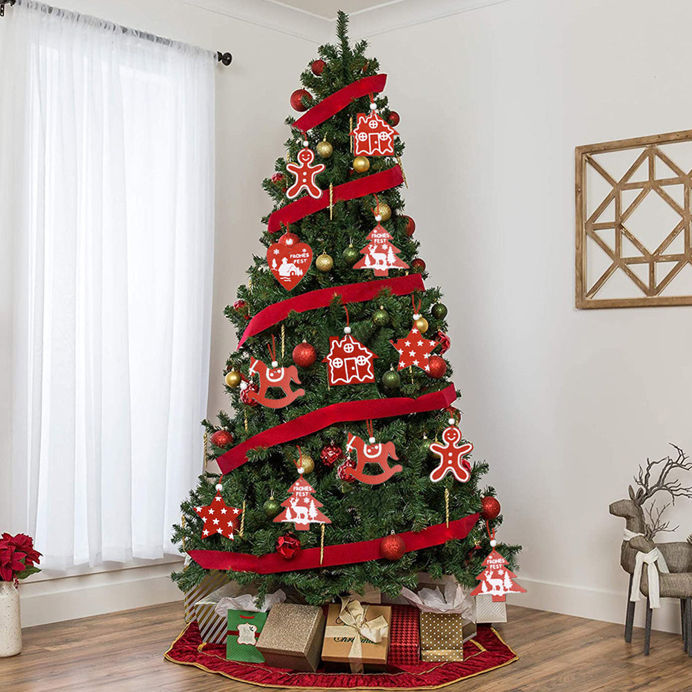 Wooden Christmas tree hanging ornament set by Garden Sanctuary featuring festive holiday designs on natural wood.