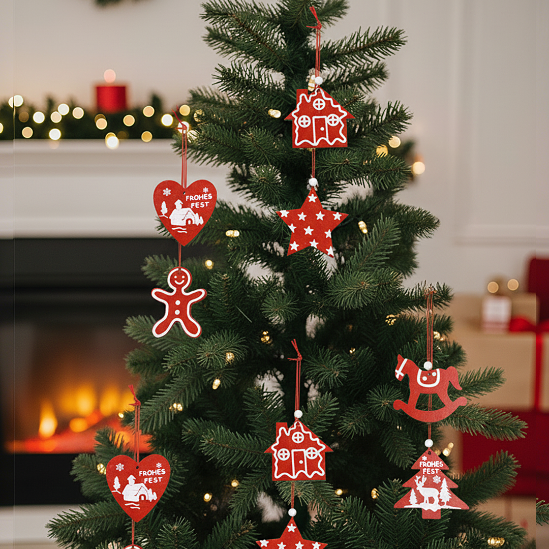 Wooden Christmas tree hanging ornaments set by Garden Sanctuary, featuring festive holiday decorations with rustic design.