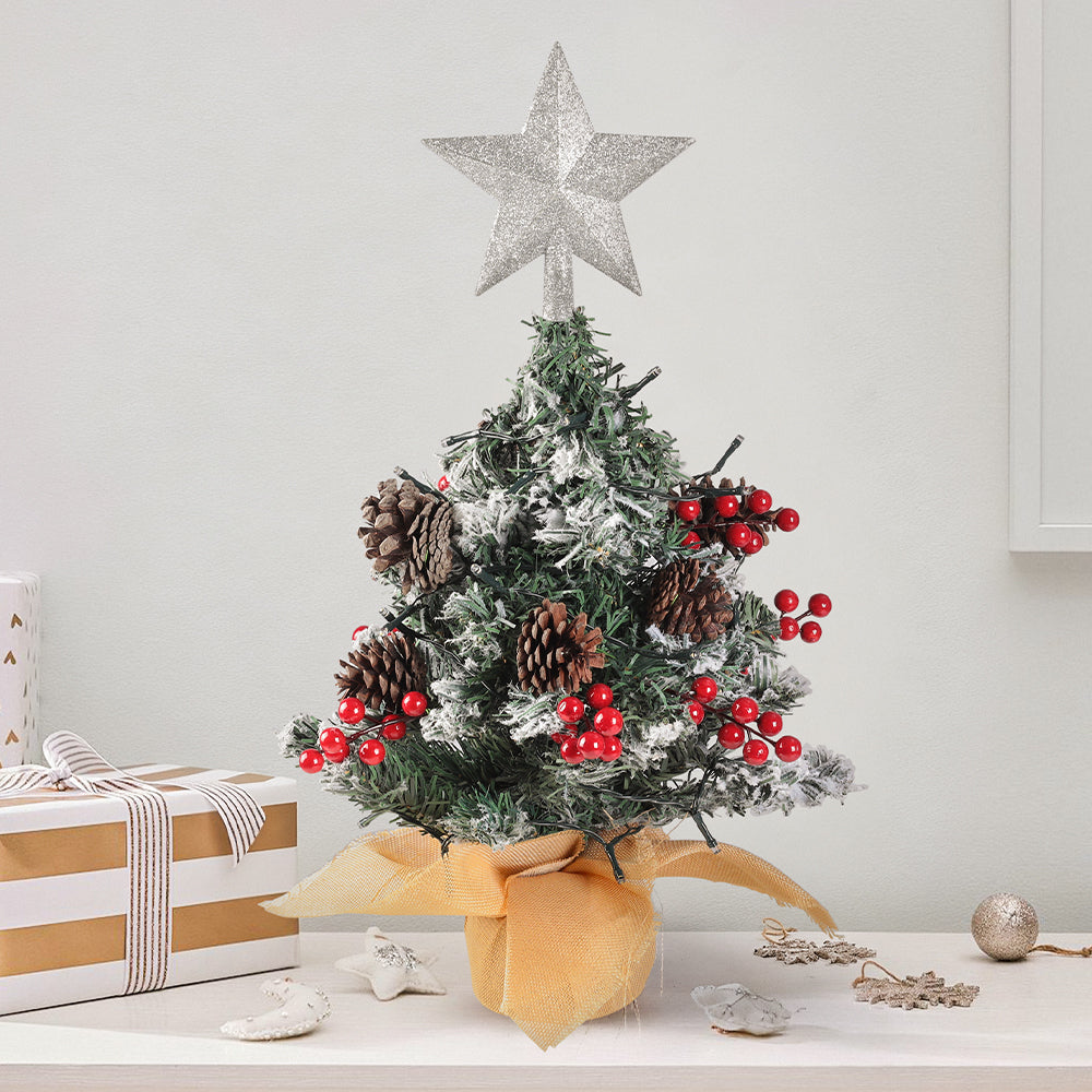 Mini pre-lit artificial Christmas tree with star topper from Garden Sanctuary, perfect for tabletop holiday decor.