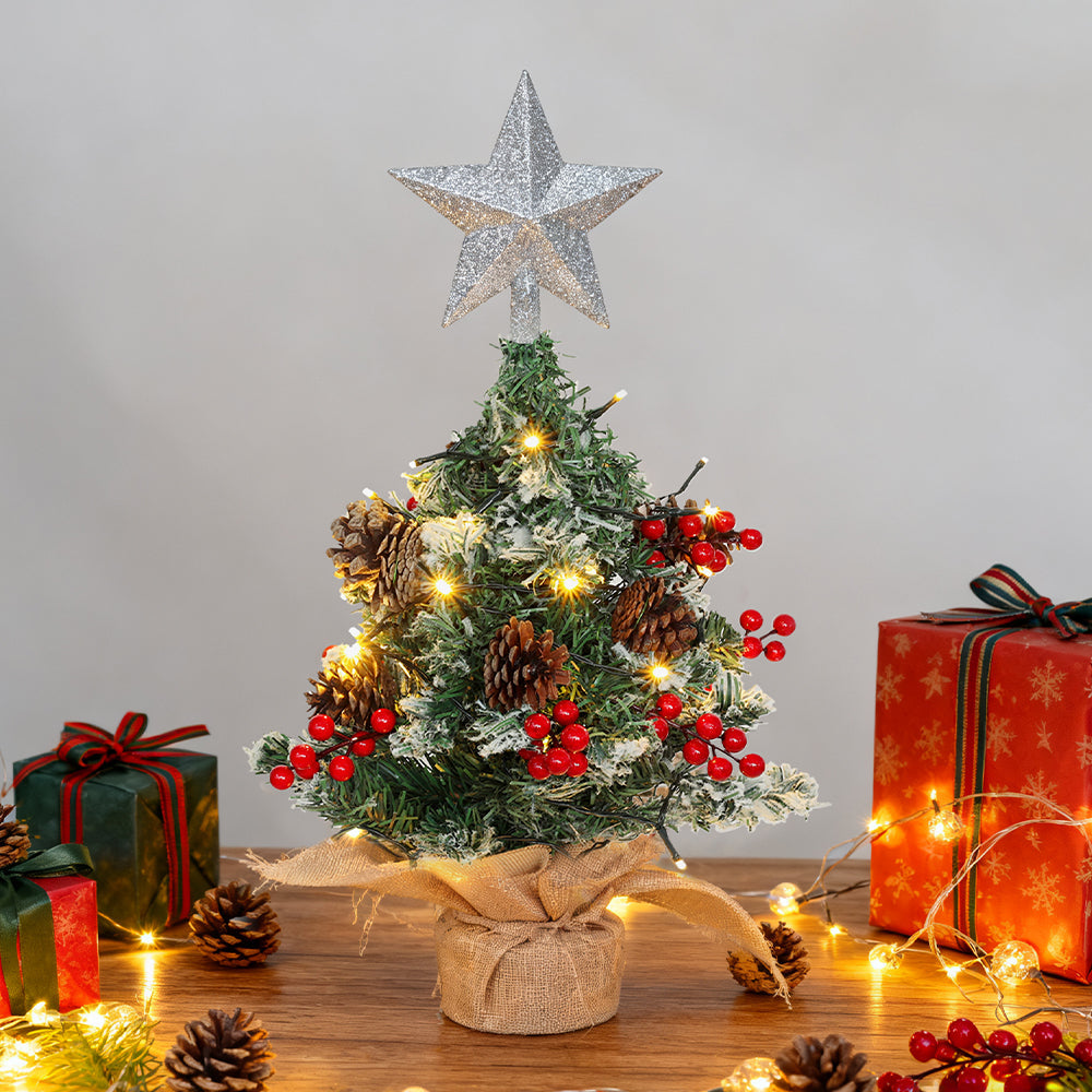 Mini pre-lit artificial Christmas tree with star topper, tabletop size, from Garden Sanctuary, perfect for holiday decoration.