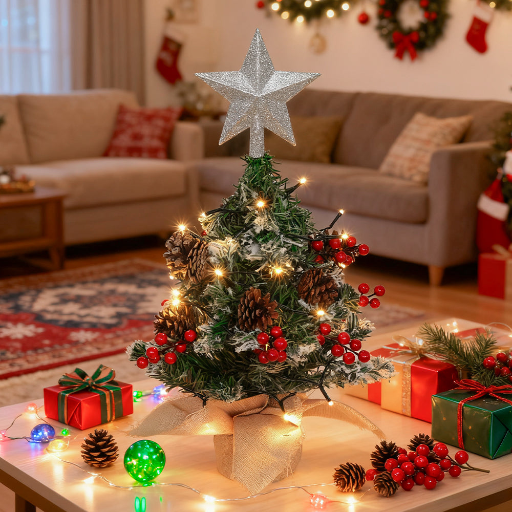 Mini pre-lit artificial Christmas tree with star topper, tabletop size, from Garden Sanctuary, perfect for holiday decorating.