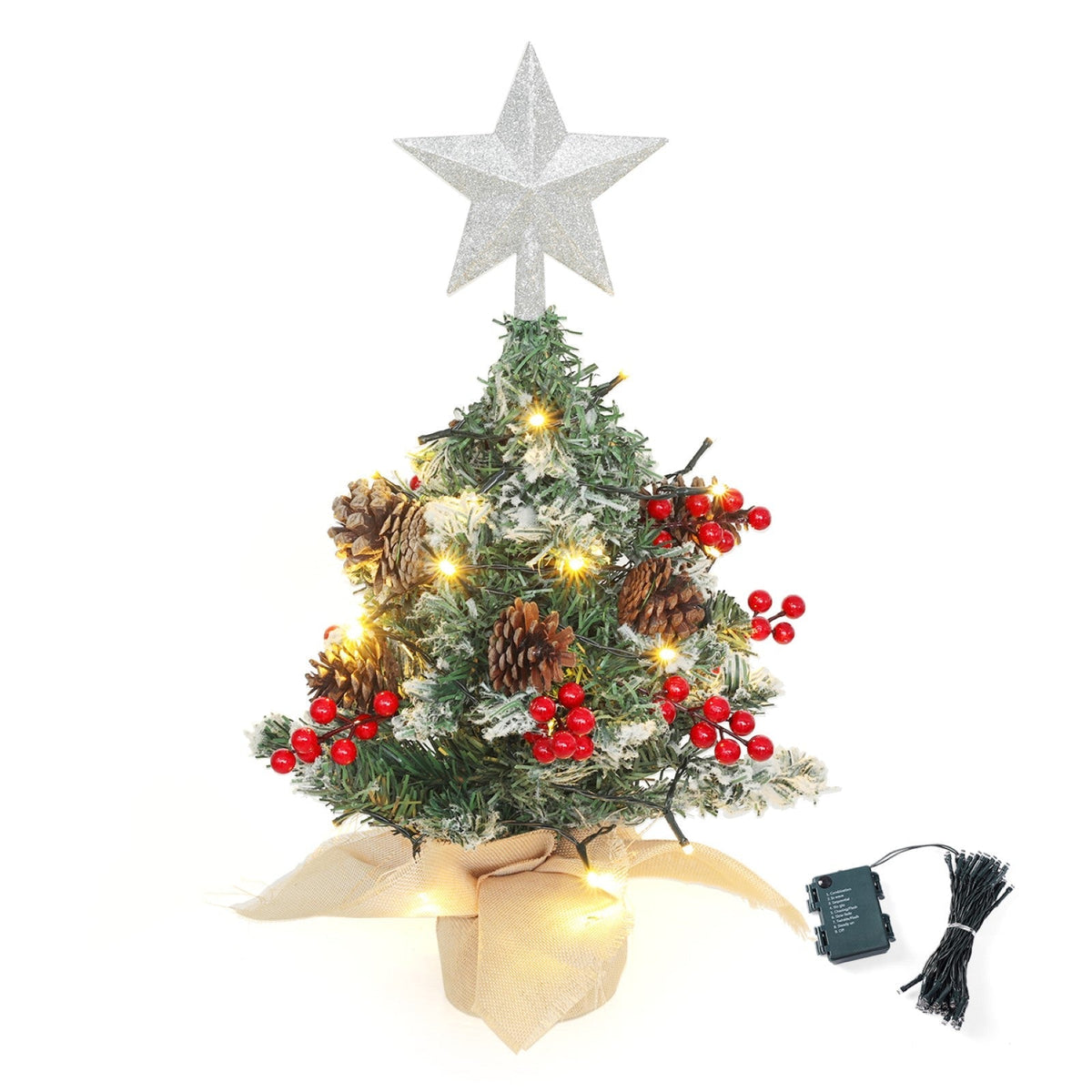 Mini pre-lit tabletop artificial Christmas tree with star topper by Garden Sanctuary, ideal for festive holiday decor.