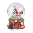 Garden Sanctuary Santa Claus snow globe music box Christmas glass ornament with festive holiday scene and snow effect.