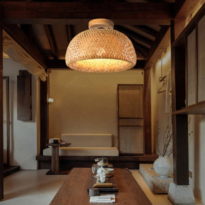 Handmade bamboo pendant light shade from DEMOLIGHTS, showcasing natural woven design for modern interior lighting.