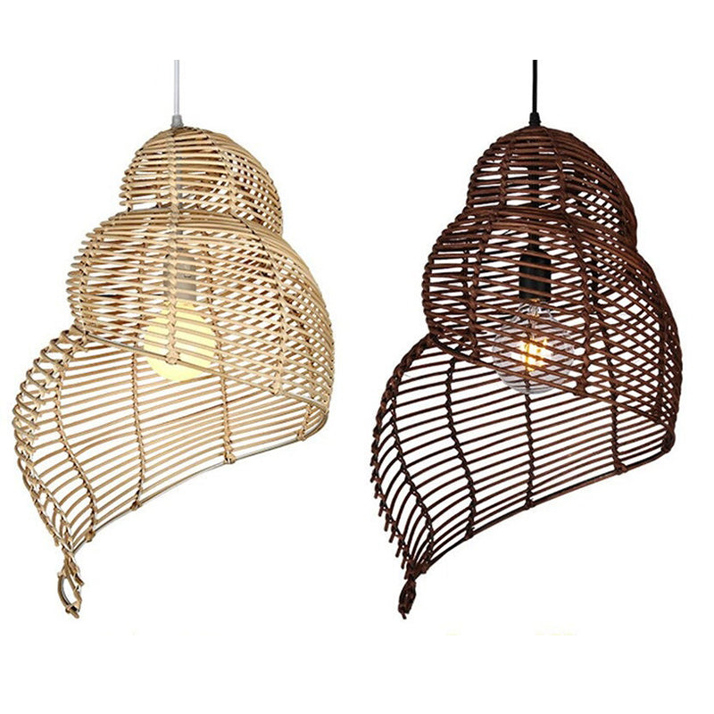 Handmade conch wicker pendant light with rattan and bamboo lampshade by DEMOLIGHTS, showcasing natural woven textures and design.