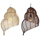 Handmade conch wicker pendant light with rattan and bamboo lampshade by DEMOLIGHTS, showcasing natural woven textures and design.