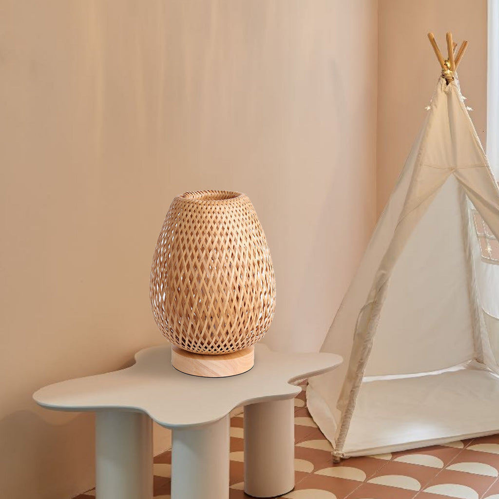 DEMOLIGHTS bamboo weaving table lamp with eye-caring design, ideal for bedroom bedside or night light.
