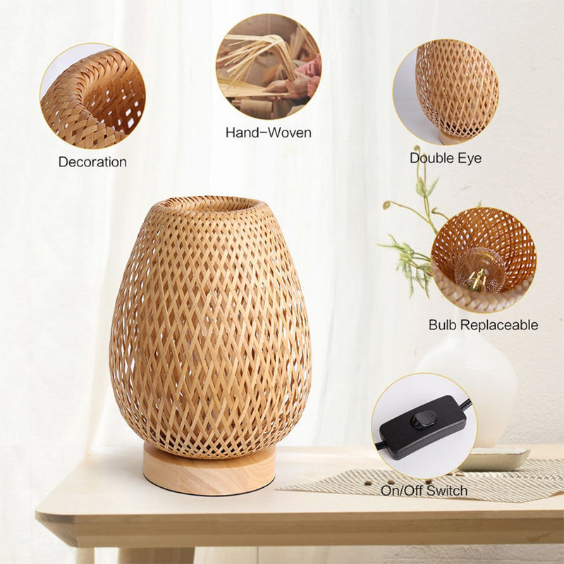 DEMOLIGHTS bamboo weaving table lamp with eye-caring design, ideal for bedroom bedside or night light setting.