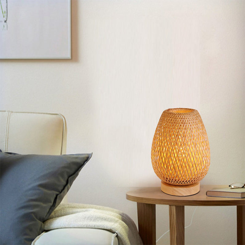 DEMOLIGHTS bamboo weaving table lamp with eye-caring design, ideal as a bedroom bedside night light, showcasing intricate woven bamboo details.