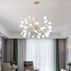 Modern Firefly LED chandelier by DEMOLIGHTS featuring Nordic leaf branch design with glowing LED lights, pendant lighting for contemporary interiors.