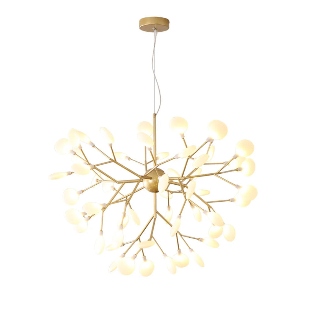 Modern Firefly LED chandelier by DEMOLIGHTS featuring Nordic leaf branch design with multiple illuminated leaf-shaped pendants.