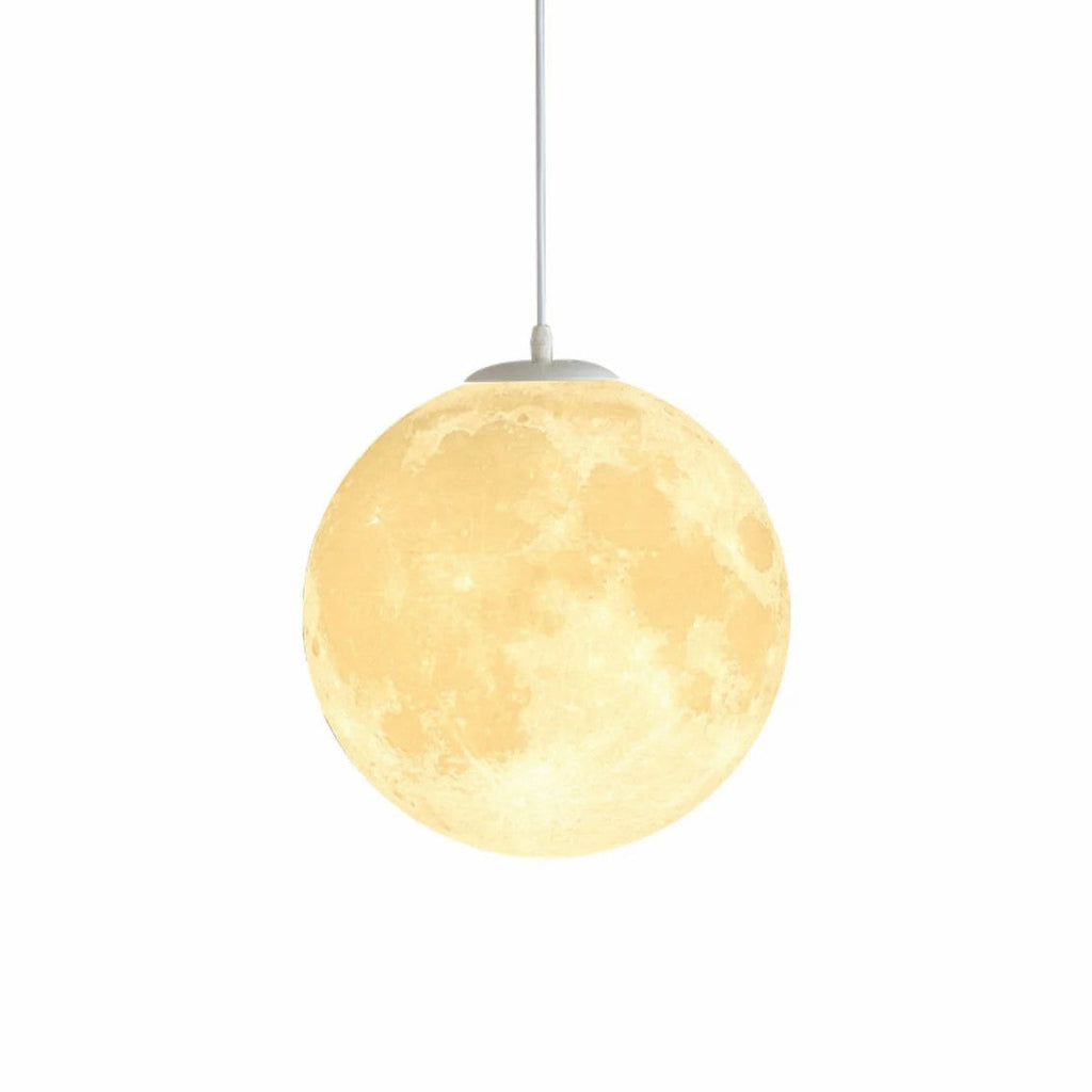 3D printed moon pendant light by DEMOLIGHTS, eco-friendly lunar globe chandelier for bedroom ceiling lighting, with realistic moon surface details.