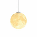 3D printed moon pendant light by DEMOLIGHTS, eco-friendly lunar globe chandelier for bedroom ceiling lighting, with realistic moon surface details.