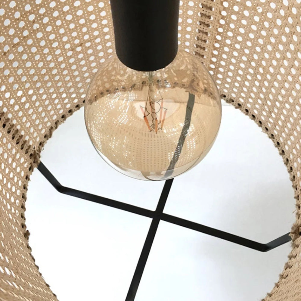 Modern rustic boho rattan pendant light fixture with jute rope, DEMOLIGHTS chandelier for home decor, stylish ceiling lighting.