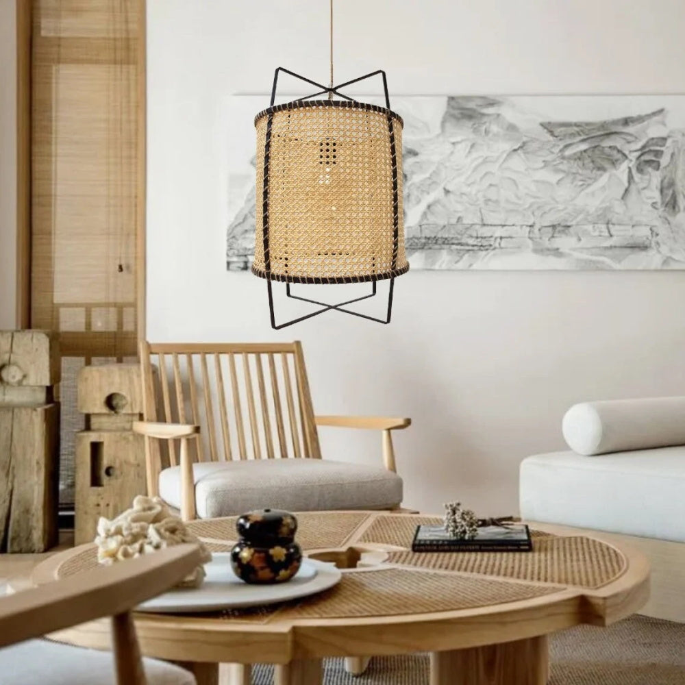 Modern rustic boho rattan pendant light fixture with jute rope, stylish chandelier for home decor by DEMOLIGHTS.