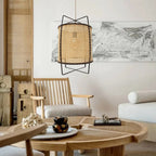 Modern rustic boho rattan pendant light fixture with jute rope, stylish chandelier for home decor by DEMOLIGHTS.