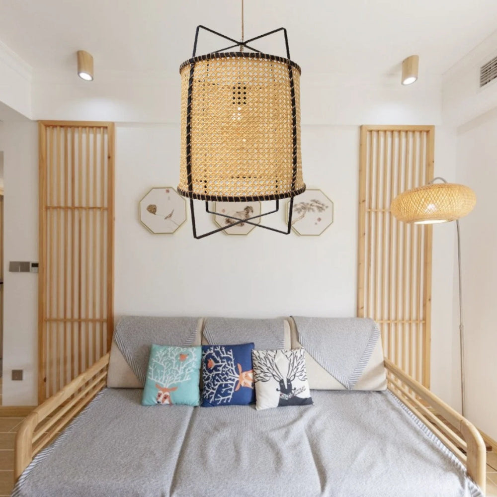 Modern rustic rattan pendant light fixture with jute rope, DEMOLIGHTS chandelier for boho home decor, ceiling lighting.
