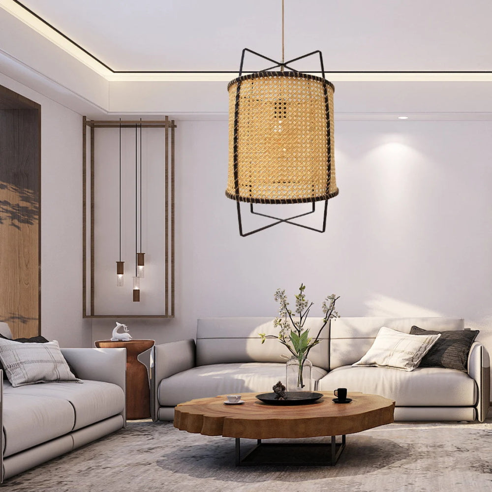 Modern rustic boho rattan pendant light fixture with jute rope, DEMOLIGHTS chandelier for home decor, stylish ceiling lighting.