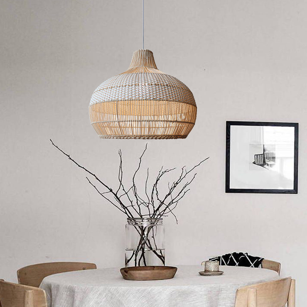 Handwoven rattan pendant light by DEMOLIGHTS hanging above a kitchen island, featuring a boho ceiling lamp design for stylish illumination.