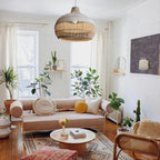 Handwoven rattan pendant light for kitchen island by DEMOLIGHTS, boho ceiling lamp with intricate woven design.