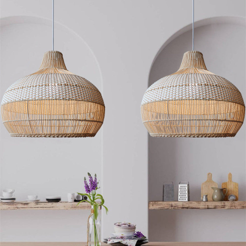 Handwoven rattan pendant light by DEMOLIGHTS, ideal for kitchen island, boho ceiling lamp with intricate woven design.