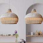 Handwoven rattan pendant light by DEMOLIGHTS, ideal for kitchen island, boho ceiling lamp with intricate woven design.