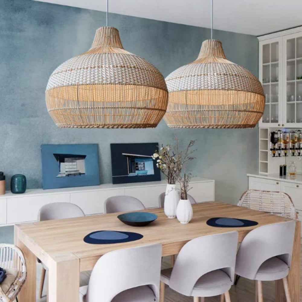 Handwoven rattan pendant light by DEMOLIGHTS for kitchen island, boho ceiling lamp with intricate woven design and warm natural tones.