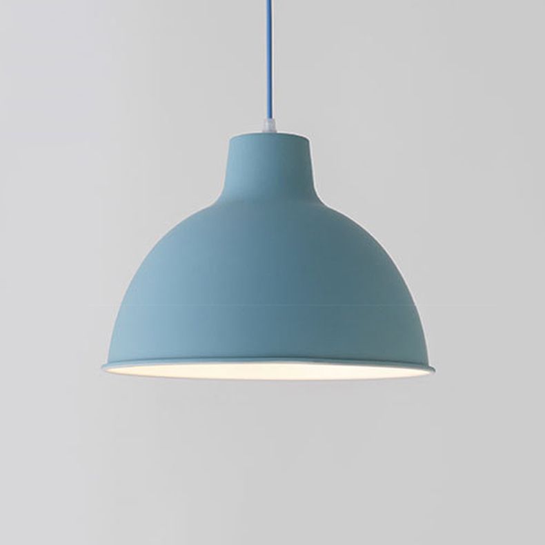 Colorful iron pendant light fixture by DEMOLIGHTS with a vibrant blue finish, hanging from a ceiling with visible mounting hardware.